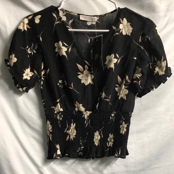 Black XS flowered faux wrap Paper Crane blouse sweetheart peasant top - Picture 1 of 12